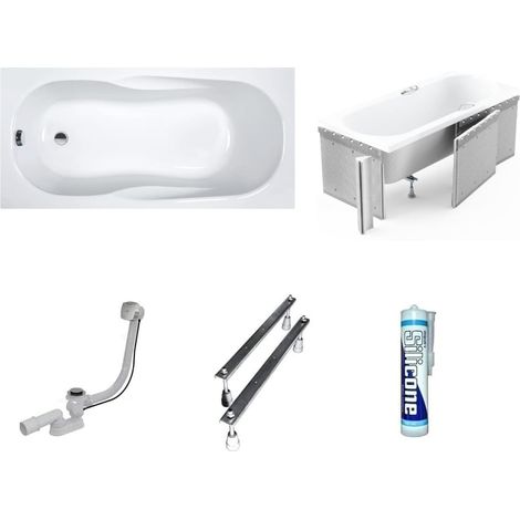 ECOLAM Baignoire rectangle acrylique As 140x70 cm, revêtement polystyrène pour carrelage, pieds, siphon et silicone (1/5)