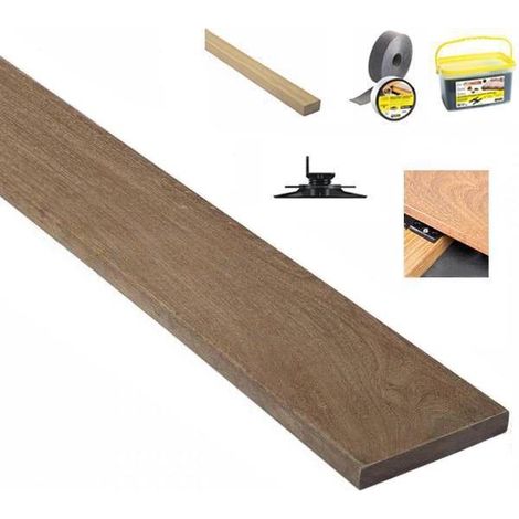 Kit terrasse 25m² en bois exotique IPE Longueur 1550mm avec clips inox, Lambourde, cale de ventilation, plot pvc et Bande bitumineuse (1/3)