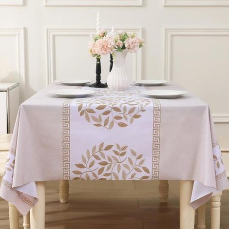 Nappe Étanche Impermeable en PVC Vinyle Plastique, Nappe Repassable, Couverture de Table 140x220cm Feuilles-Beige (1/5)