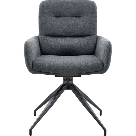 Ensemble table à manger ronde et 4 chaises, verre trempé 85 cm, fauteuils pivotants à 360° en tissu gris foncé, métal noir (1/5)