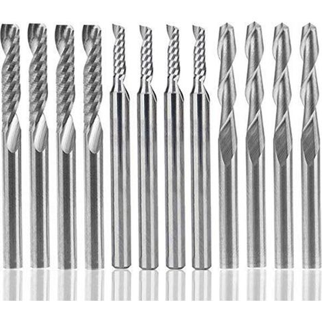 Lot de 12 fraises en carbure de tungstène, 4 fraises CNC 1/8" à double cannelure + 8 fraises en bout à bord unique (2 types) pour nylon, résine, ABS, acrylique, PVC, MDF, bois (1/5)