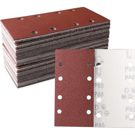 Lot 50 feuilles abrasives 93x185mm, auto-agrippant 8 trous, grain 80. Pour ponceuse rectangulaire : ponçage, polissage, dérouillage. (1/4)