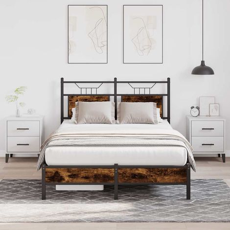 Cadre de lit avec tête de lit 120 x 190 cm, sans matelas, bois d’ingénierie et acier, chêne fumé - PANGIVO (1/5)