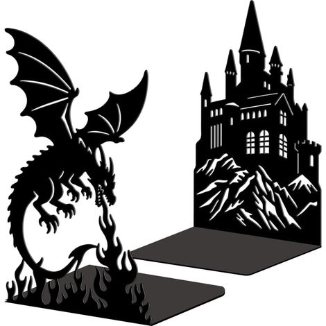 Lot de 2 Serre-Livres Métal Château de Dragon Cracheur de Feu (1/5)