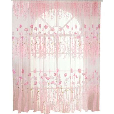 Rideau en Voile/Tulle à Motif Floral en Polyester - Décoration pour Chambre ou Salon (Rose) (1/4)