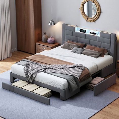 Doppelbett gepolstert 140x200 - Mit Stauraum - LED-Beleuchtung - USB-Anschlüsse - 4 Schubladen