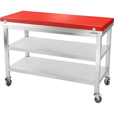 Table de travail en inox 1400x700 mm avec plaque de découpe rouge et 2 étagères sur roulettes PREMIUM - GOLDINOX (1/4)