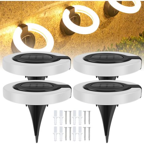 Lot de 4 lampes solaires sur pied avec tête orientable à 360°, étanches IP65, blanc chaud, pour terrasse, allée, jardin, pelouse ou patio. (1/5)