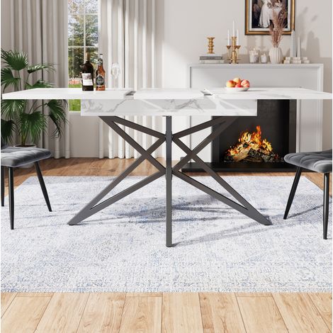 Mesa de comedor extensible 120/160 x 80 cm blanca con sobre efecto mármol y patas en estrella (1/5)