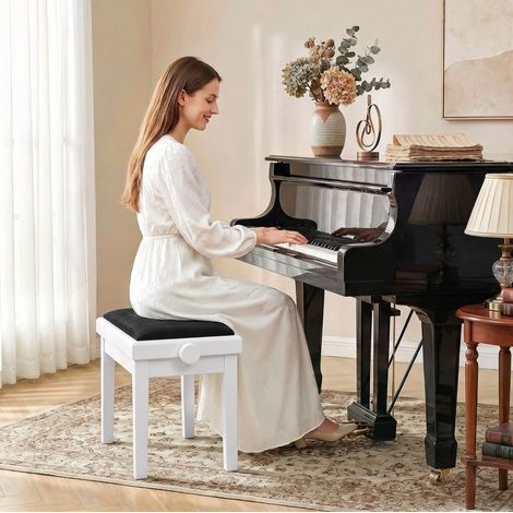 Banco de piano regulable de madera blanca 61,5 x 33 x 45-56 cm FloraGrace (1/5)