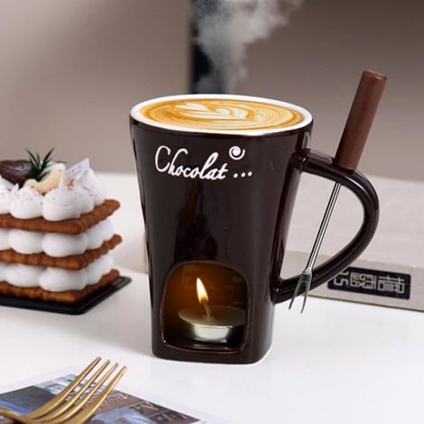 Tasse À Fondue - Céramique - Hauteur 10,9 Cm Diamètre 8,3 Cm - Pour Chocolat Fromage Caramel - Avec Fourchette - 1 Pièce (1/5)