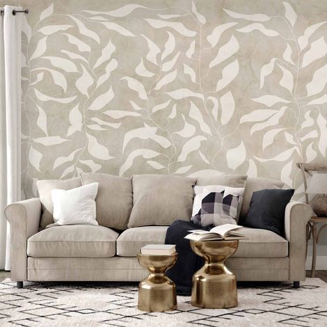 Papier peint photo - Feuilles blanches - motif végétal abstrait sur fond beige avec cadre (1/5)