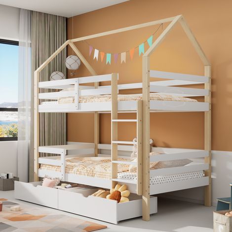 Lit cabane enfant 90x200 cm, lit superposé maison avec grands tiroirs de rangement et barrières de sécurité,  style scandinave, Blanc et Chêne