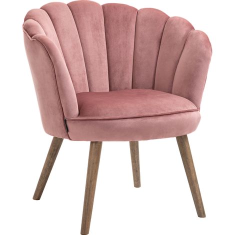 Fauteuil coquillage rose poudré – Velours 100 % polyester – Hauteur d'assise 13 cm – Pieds en bois d'hévéa – Charge max 110 Kg – MH (1/5)