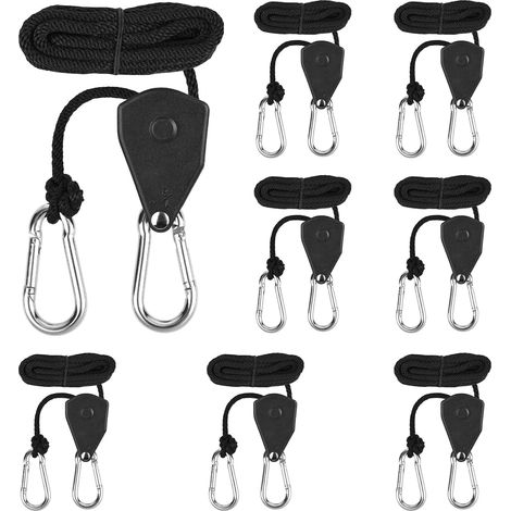 8 Pièces Corde a cliquet, Crochets Cliquet de Poulie à Corde, Corde à Cliquet Réglable 2m, Poulie à Cliquet Noir 1/8,pour Ventilateur de Plantes