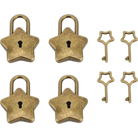 4 ensembles de cadenas de coffre au trésor, mini boîte à bijoux en métal pour journal intime, serrure décorative avec clé S007 en forme d'étoile à cinq branches en laiton antique (1/5)