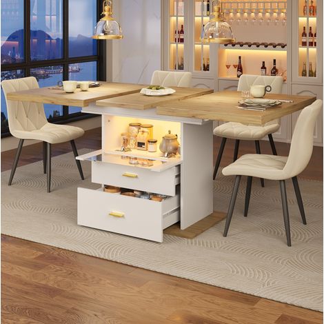 Table extensible 110-140x80x75 cm en MDF blanc, avec rangement pour salle à manger FloraGrace (1/5)