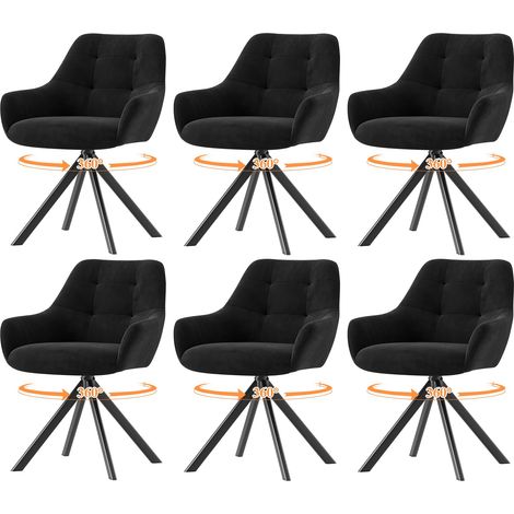 Lot de 6 Chaises de Salle à Manger Pivotantes à 360°, Chaises avec Accoudoirs en Tissu Moelleux et Piètement Métal, Chaises Confortables Pivotantes avec Dossier pour Cuisine, Bureau, Noir (1/5)