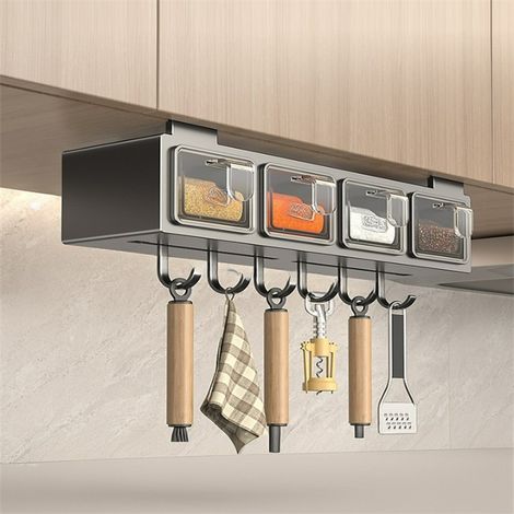 Porte-épices sous l'armoire avec 4 pots et 6 crochets – Rangement compact gris foncé, acier inoxydable, installation facile 349.58 cm (1/5)