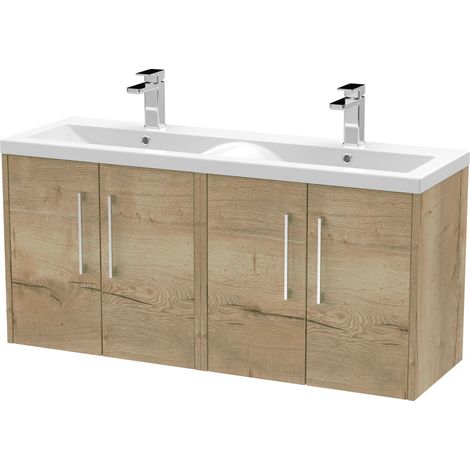 Winshill Contemporary 4 Door Wall Hung Vanity Unit with Double Basin, Light Oak, 1200mm