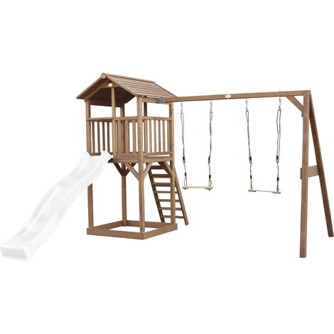 Axi Beach Tower Aire De Jeux Avec Toboggan En Blanc, 2 Balançoires & Bac À Sable Grande Maison Enfant Extérieur En Marron Cabane De Jeu En Bois Fsc (1/5)