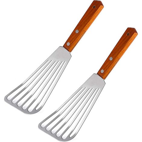 2 spatules à poisson en acier inoxydable, spatule à poisson avec manche en bois, spatule ajourée, spatule de cuisine F (1/5)