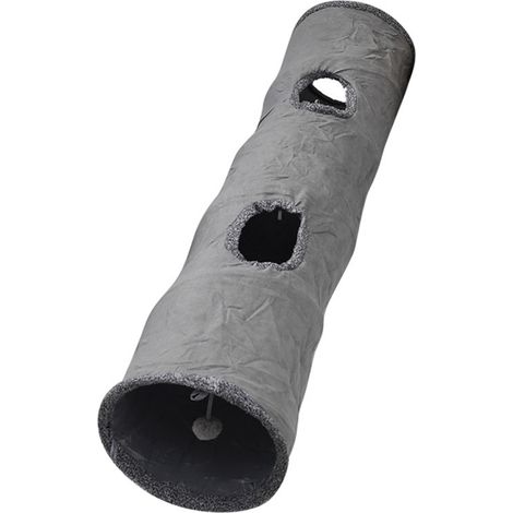 Tunnel pour Chat Pliable en Suède Gris avec Balle Intégrée - Jouet Interactif Doux et Robuste pour Intérieur, Disponible en S et L (1/5)