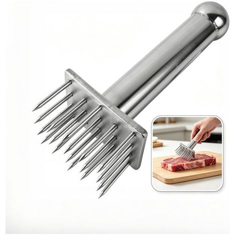 Attendrisseur de viande en acier inoxydable 304 avec 18 aiguilles tranchantes – Conception robuste – Outil pour marinade (BBQ) – Pour steaks, bœuf, poulet et porc (1/5)