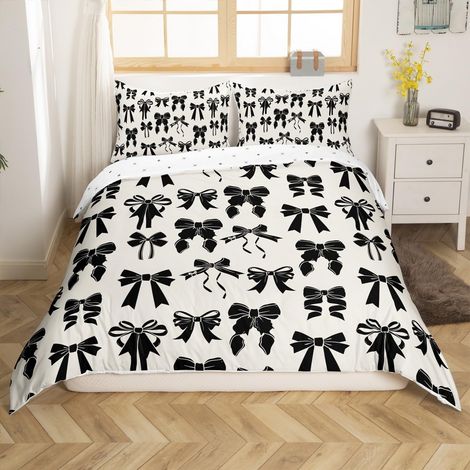 Noeud Noir Housse de Couette 200x200cm Enfants garçon Fille décoration Mignon Modèle Bow Parure de Lit Microfibre, 1 Housse de Couette et 2 taies d'oreiller 65x65cm (1/5)