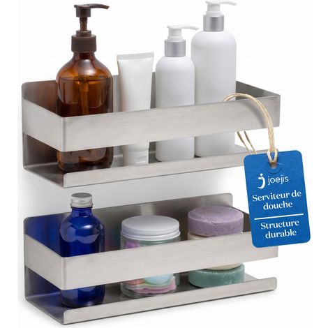 2pcs Rangement Douche sans Percage Noire - 3M Adhesif - Etagere Salle de Bain pour Shampoing et Gel Douche - Panier Serviteur - Acier INOX Sansrouille (1/5)
