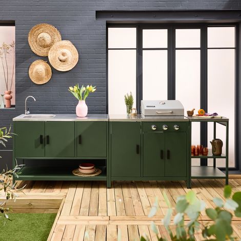 Cuisine extérieure Naxos 3 modules acier inoxydable vert avec barbecue gaz 3 brûleurs