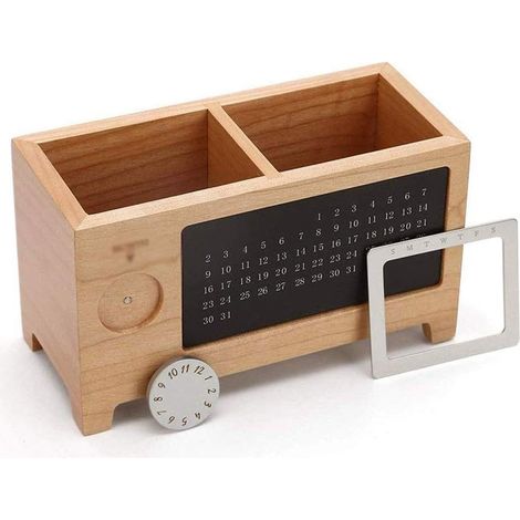 Stiftehalter aus Massivholz mit Kalender, multifunktionale Aufbewahrung für Schreibtisch oder Make-up