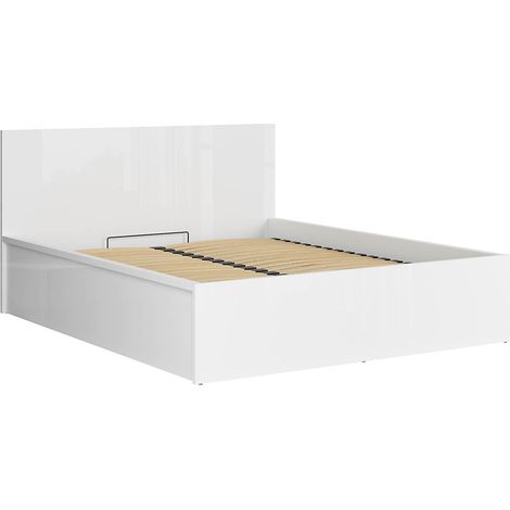 Lit coffre 160x200 avec sommier et rangement, coloris Blanc brillant - Longueur 204,5 x Profondeur 169 x Hauteur 95/40,5 cm (1/4)