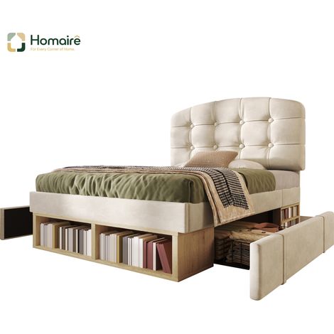 Cadre de lit en velours beige avec rangement 207 x 101 x 120 cm HOMAIRE (1/5)