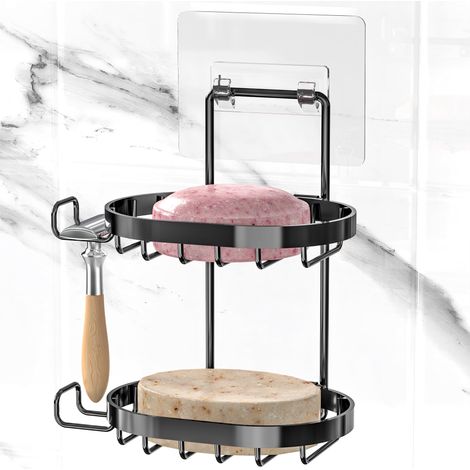 Porte-savon double couche, porte-savon avec crochet, porte-savon et porte-shampoing mural (noir) (1/5)