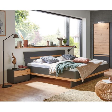 Lit adulte double 160x200 cm Queen Size + 2 chevets coloris graphite/imitation chêne artisan - Longueur 168 x Profondeur 210 x Hauteur 85 cm -PEGANE- (1/4)