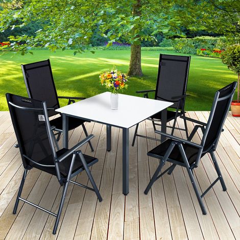 CASARIA® Gartenmöbel Set 4 Stühle mit Tisch 87x87cm Aluminium Sicherheitsglas Wetterfest Klappbar Modern Terrasse Balkon Möbel Sitzgruppe Garnitur
