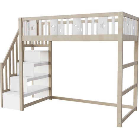 Cama alta infantil 90 x 200 cm con escalera de almacenaje y barreras estrella y luna HOMVRA (1/5)