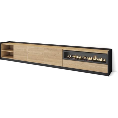 Skraut Home - Mueble TV, Televisión, 310x37x50cm, Para TV hasta 80", Chimenea eléctrica, Roble y negro (1/5)