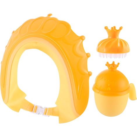 Relaxdays Haarwaschbecher Set, 3tlg, Krone, mit Duschhaube & Bürste, Shampooschutz tränenfrei, Ausspülhilfe, gelb-orange (1/5)