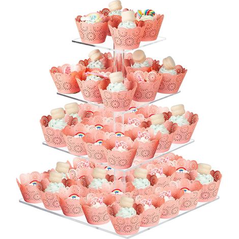 Cupcake Stand 4 Tier Square Clear Acrylic Cake Stand Cake Stand Dessert Stand for Wedding Birthday Theme Party Baby Shower (1/5)