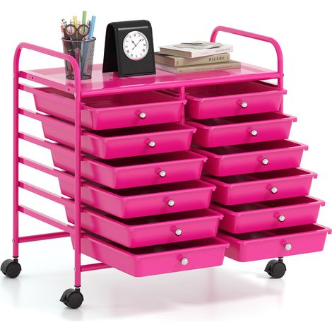 COSTWAY Carrello di Stoccaggio con 12 Cassetti, Carrello portaoggetti con 4 Ruote, Carrello Multiuso per Scuola Ufficio Cucina, 64 x 38 x 62 cm (12 cassetti Rosa) (1/5)