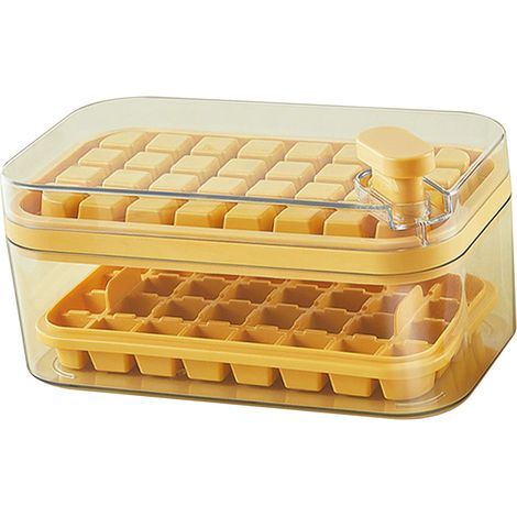 Lot de 64 cubes de glace, moule double couche, bac à glaçons à presser facile, libération rapide, boîte de rangement congélateur jaune (1/5)