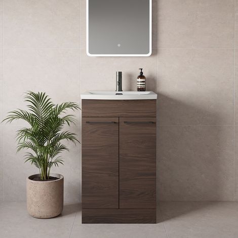 Napoli 390 Brown Oak 500mm 2 Door Vanity Unit with Arc Basin - 500mm - Gunmetal Grey 160mm Handle