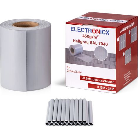 Electronicx PVC Sichtschutzstreifen Hellgrau (RAL 7040) Sichtschutz Zaunfolie Doppelstabmatten 70m (2x35m) x 19 cm 450g/m² UV-beständig