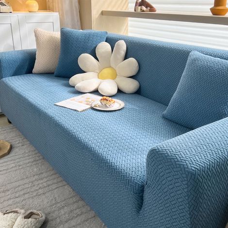 Housse De Canapé - Élastique Jacquard Polyester-Spandex - Pour Canapé 3 Coussins - Universelle - Bleu - 1 Pièce (1/5)