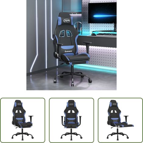 Massagestuhl -  Gaming-Stuhl mit Massage & Fußstütze Schwarz und Blau Stoff (1/5)