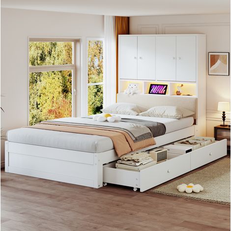 Etagenbett 90/200 cm blanco con cabecero acolchado, LED, enchufe y almacenaje (1/5)