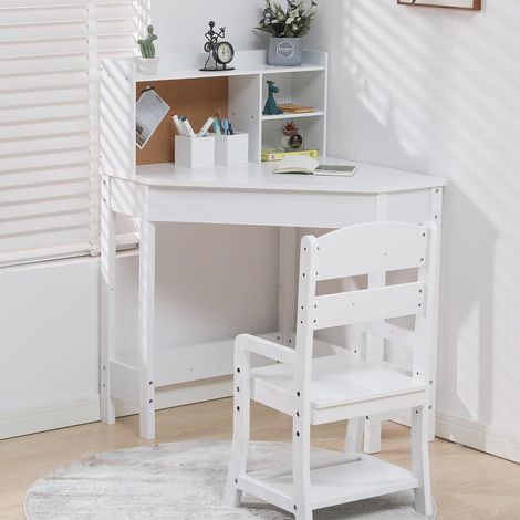 Bureau d'Angle Compact pour Enfant avec Chaise Réglable - Avec Étagère, Tableau en Liège et Porte-Crayons - Gain de Place - Blanc (1/5)
