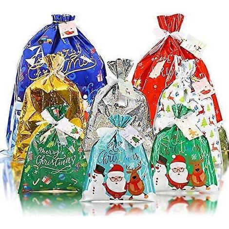 Sacs cadeaux de Noël à cordon - Lot de 15, 8 modèles, 4 tailles, 16 étiquettes - Grands sacs cadeaux pour les fêtes de fin d'année (1/4)